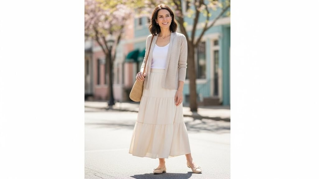 Tiered Maxi Skirt With Lightweight Cardigan