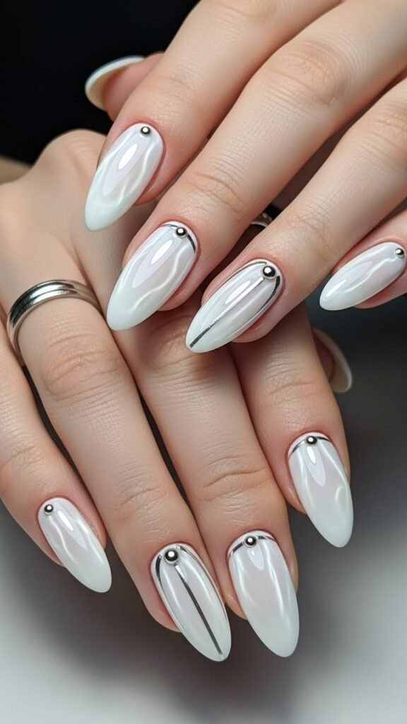 White Chrome Valentine Nails with Silver Accents