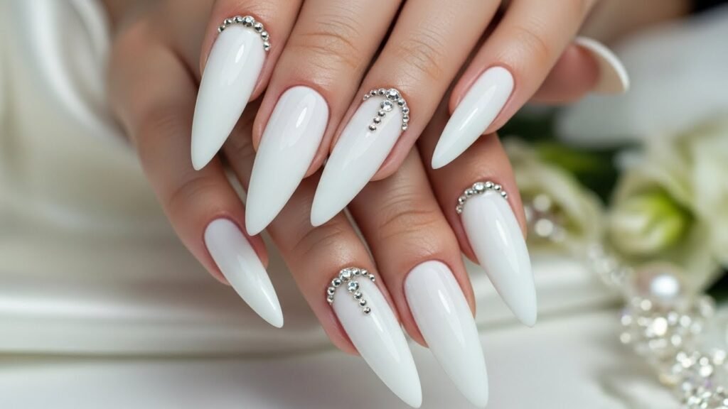 White Stiletto Nails with Crystal Accents