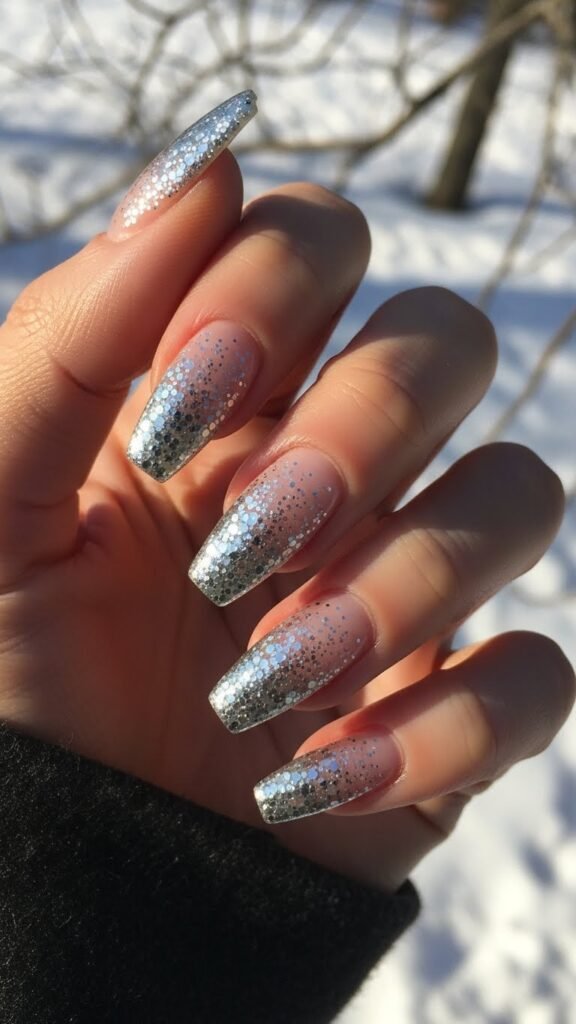 Winter Glitter Gradient Icy Nails