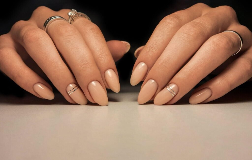 Nude Nails with Delicate Gold Line Detail