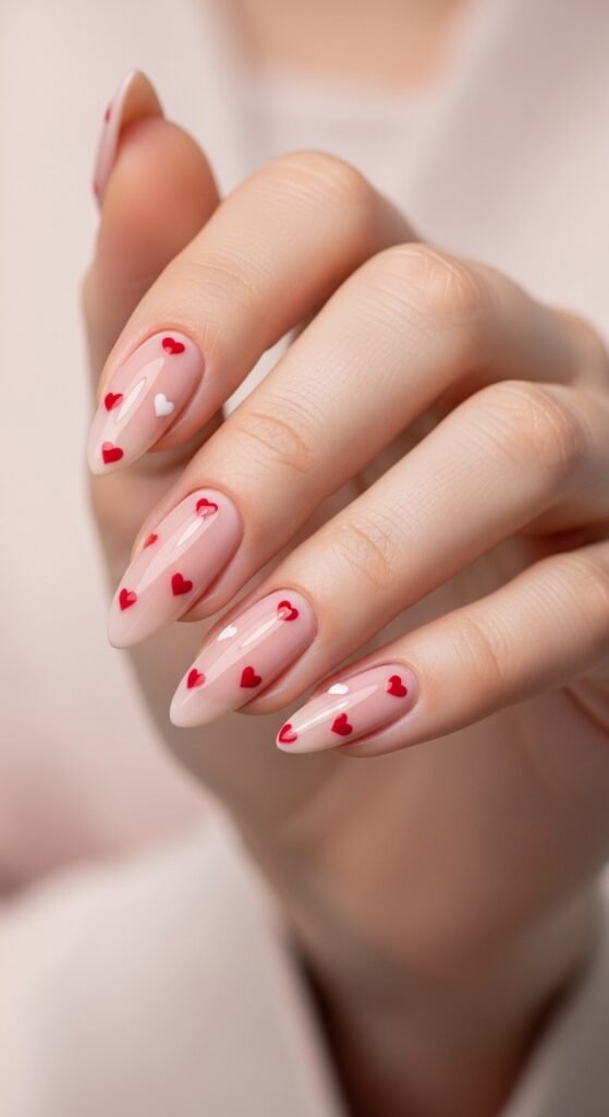Almond Nails with Tiny Hearts