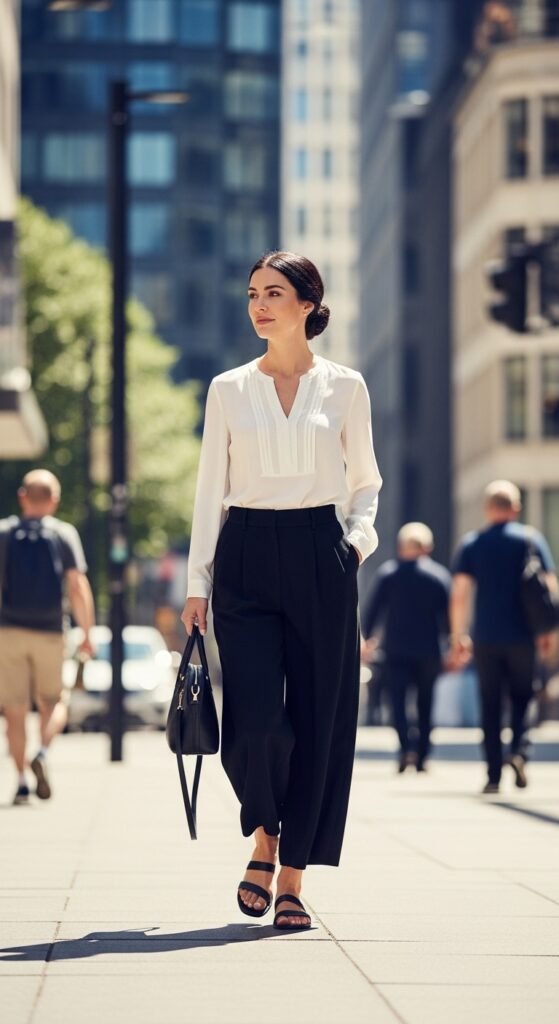 Black Wide-Leg Pants with a Crisp White Blouse