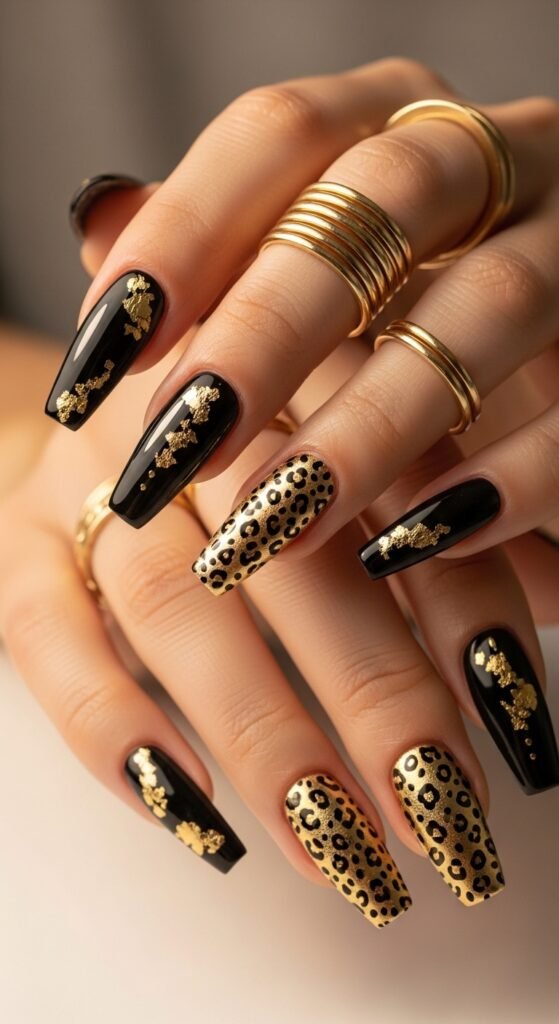 Black and Gold Leopard Nails