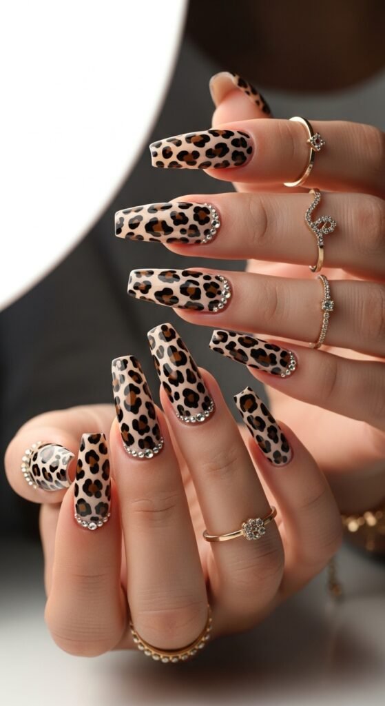 Crystal Leopard Coffin Nails