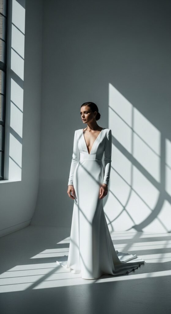 Deep V-Neck Wedding Dresses with Sleeves