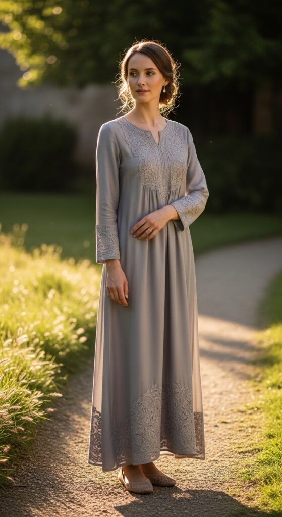 Embroidered Long Dress with Minimal Accessories