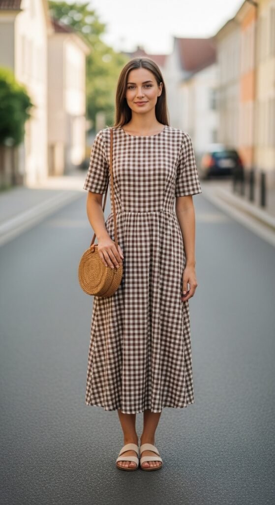 Gingham Midi Dress with a Woven Bag