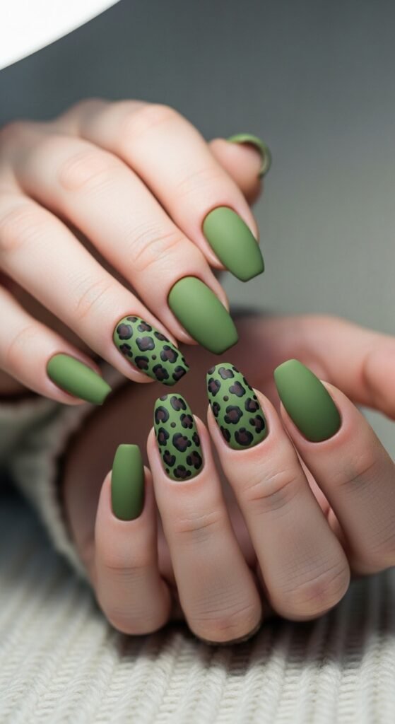 Matte Safari Green Leopard Nails