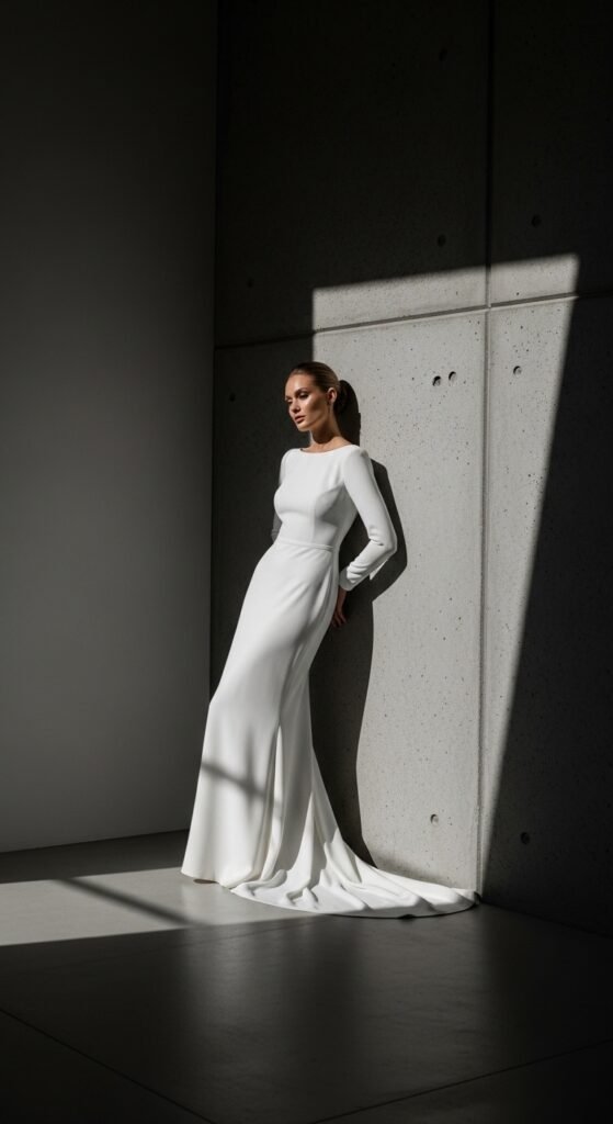 Minimalist Crepe Wedding Dresses with Sleeves