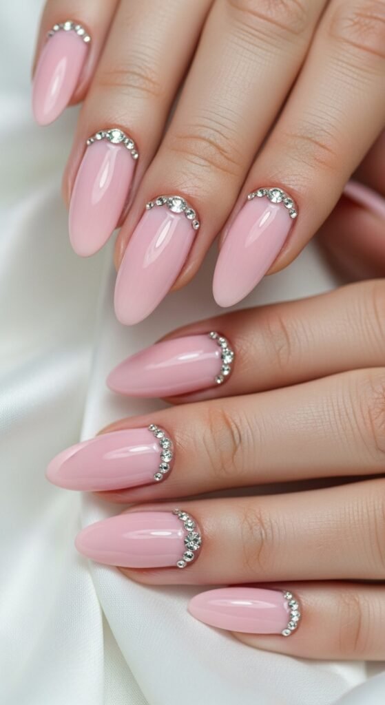 Pink Acrylic Nails with Rhinestones