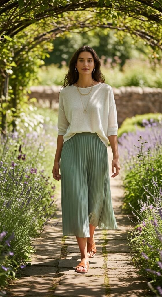 Pleated Midi Skirt with a Relaxed Knit Top