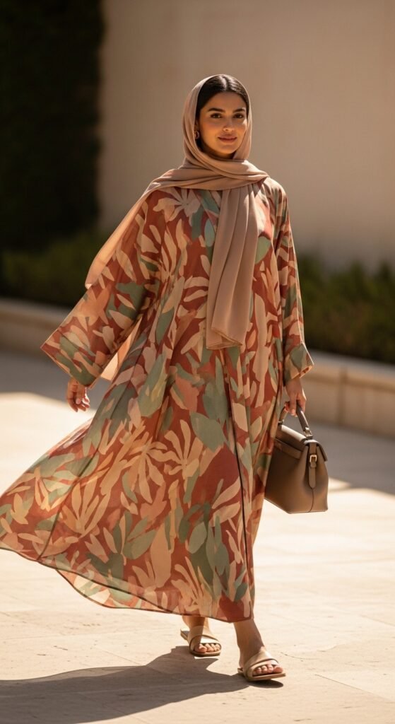 Printed Abaya with Minimal Sandals