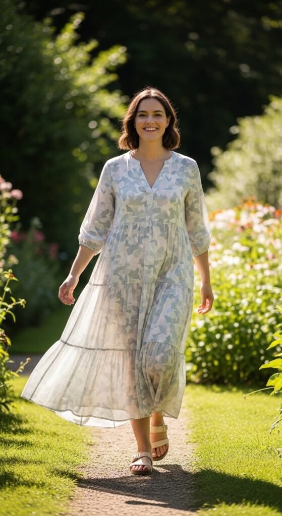 Printed Tiered Dress with Simple Flats