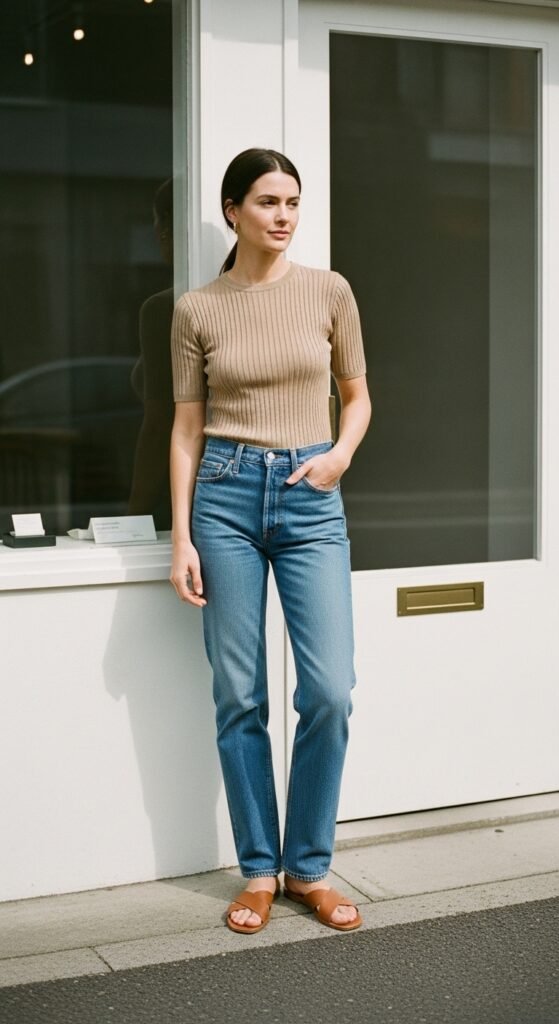Ribbed Top with Straight-Leg Jeans