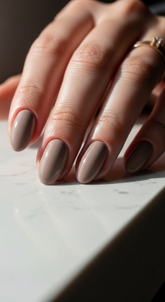 Taupe Nails with Glassy Top Coat