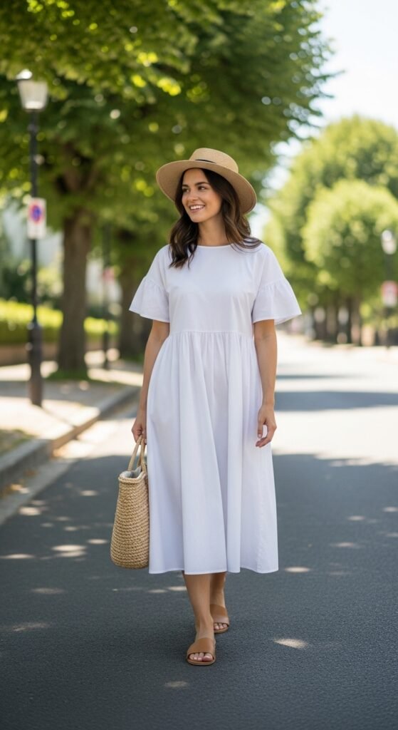 White Cotton Midi Dress with Flat Sandals