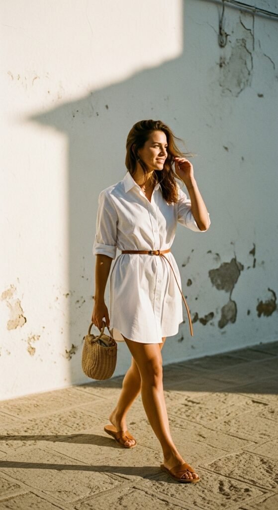 White Shirt Dress with Flat Shoes