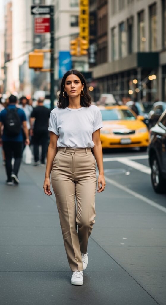 White T-Shirt with Straight Neutral Trousers