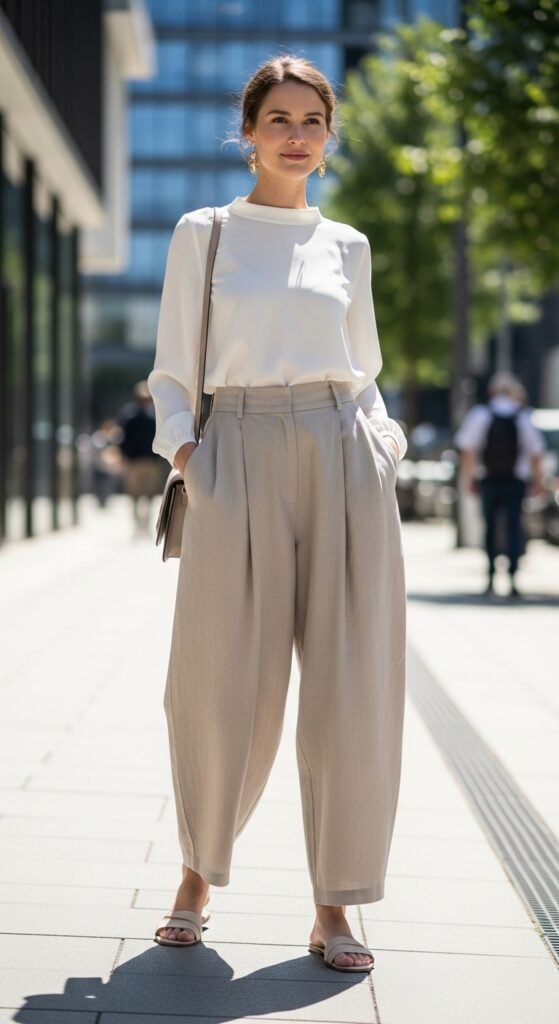 Wide-Leg Linen Trousers with a Soft Blouse