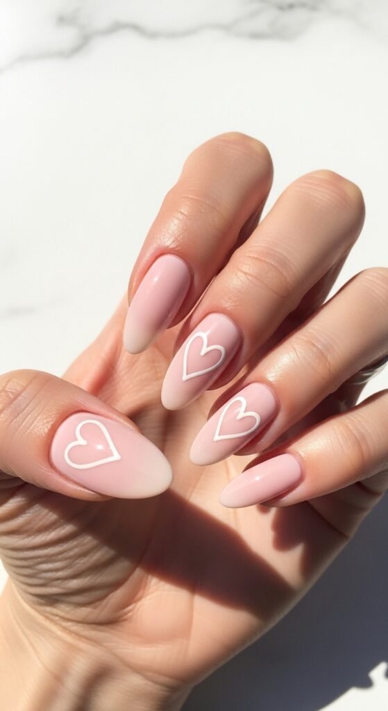 Almond Nails with Minimal Heart Outline Art