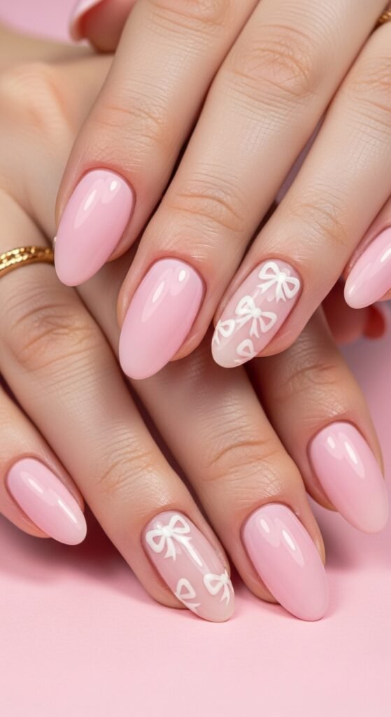 Baby Pink Nails with White Bows