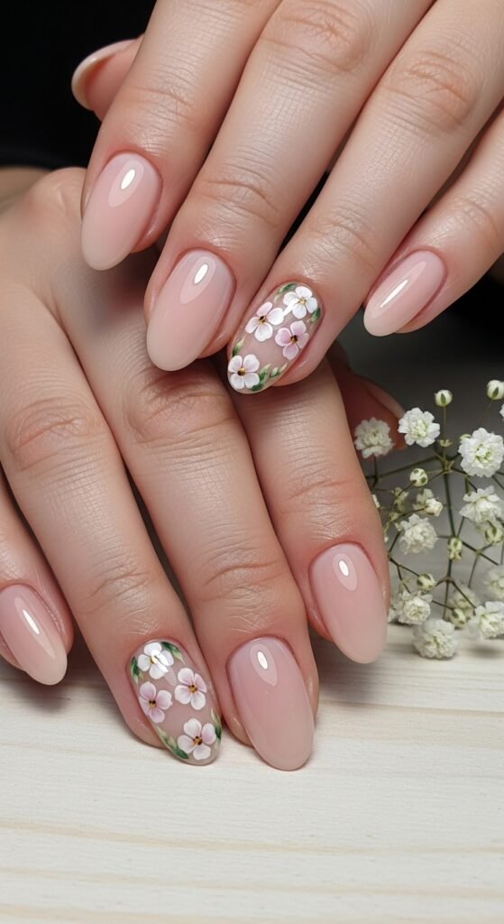 Floral Accent Nails on a Nude Base
