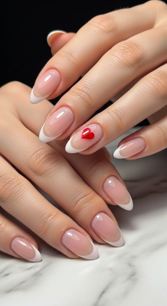 French Tips with Tiny Red Hearts
