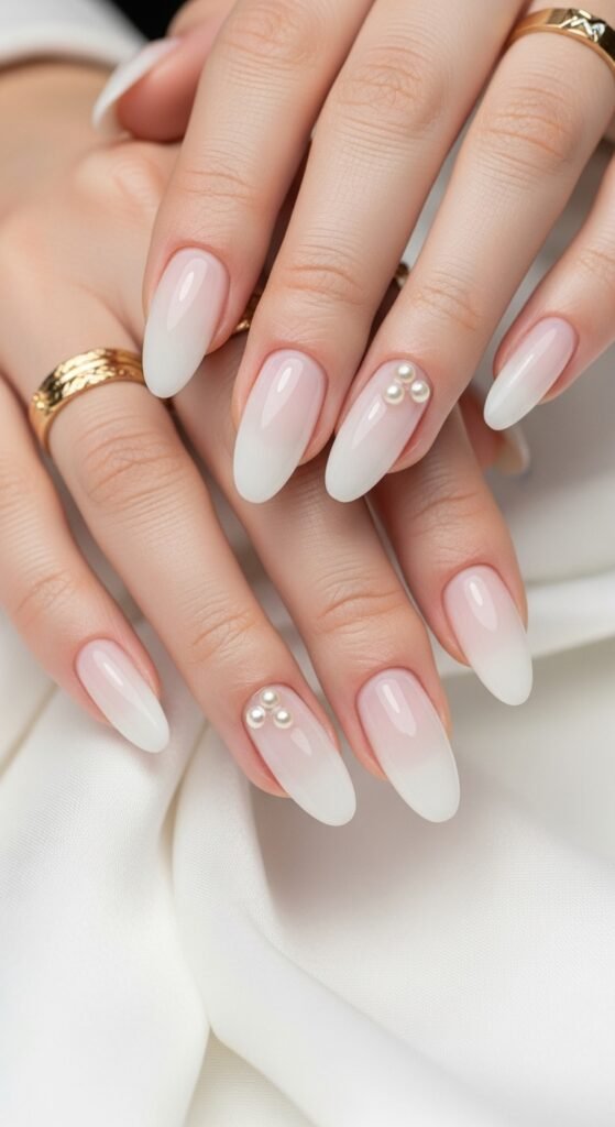 Milky White Nails with Pearl Accents