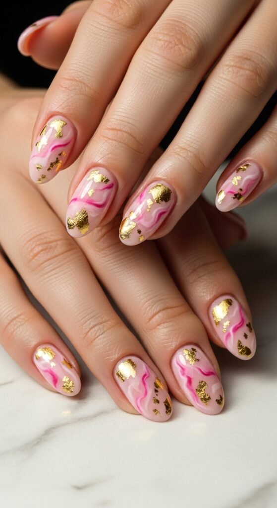 Pink Marble Nails with Gold Foil