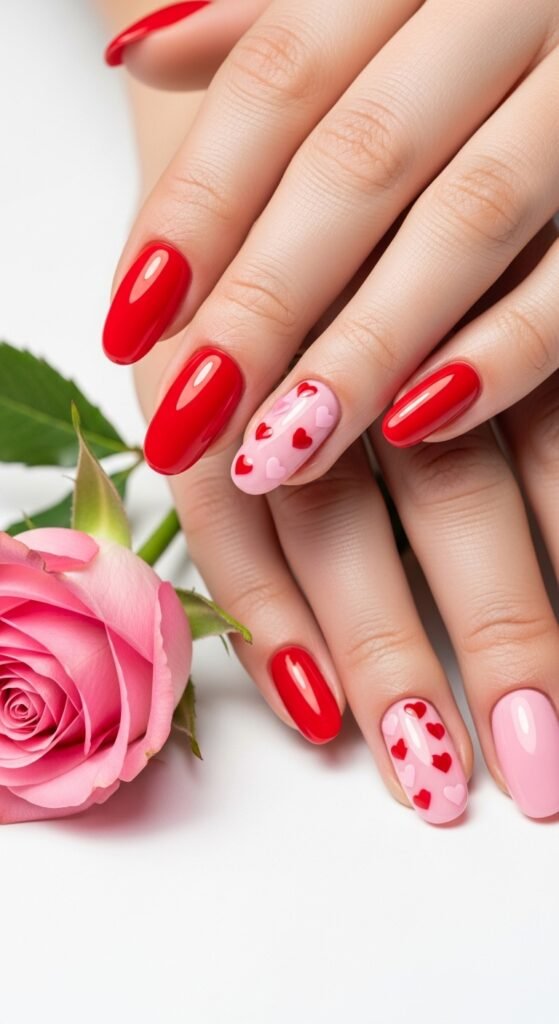 Red and Pink Mixed Heart Nails