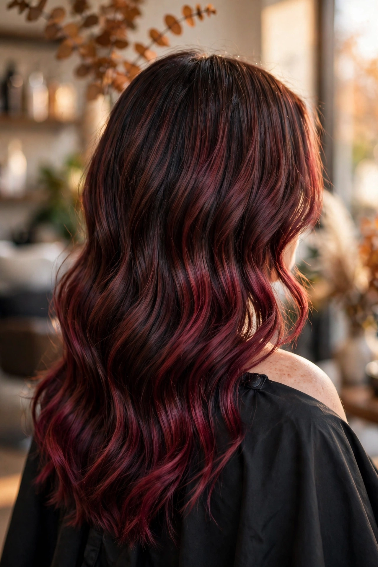 Burgundy balayage wavy hair