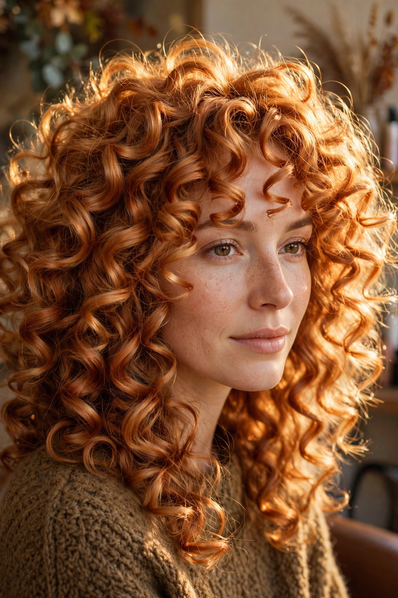 Golden copper curly hair