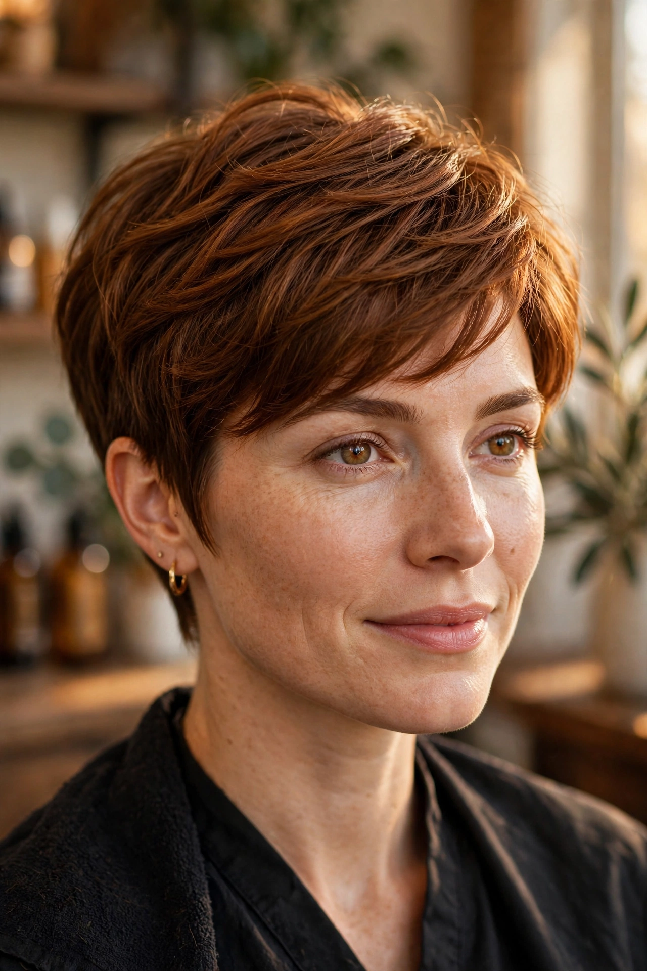 Warm chestnut pixie cut